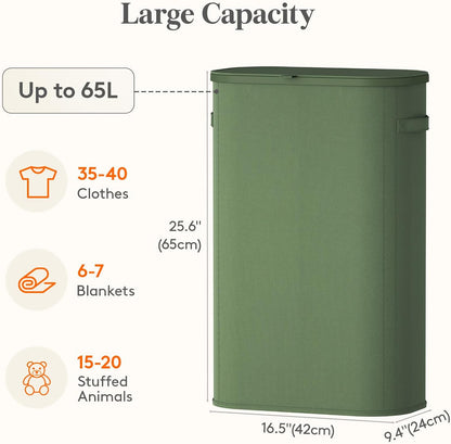 Lifewit Slim Laundry Basket with Lid, Narrow Laundry Hamper with Plastic Handles and Removable Bag, Tall Foldable Dirty Clothes Hampers for Laundry Room, Bedroom, Bathroom, Dorm, 65L Beige