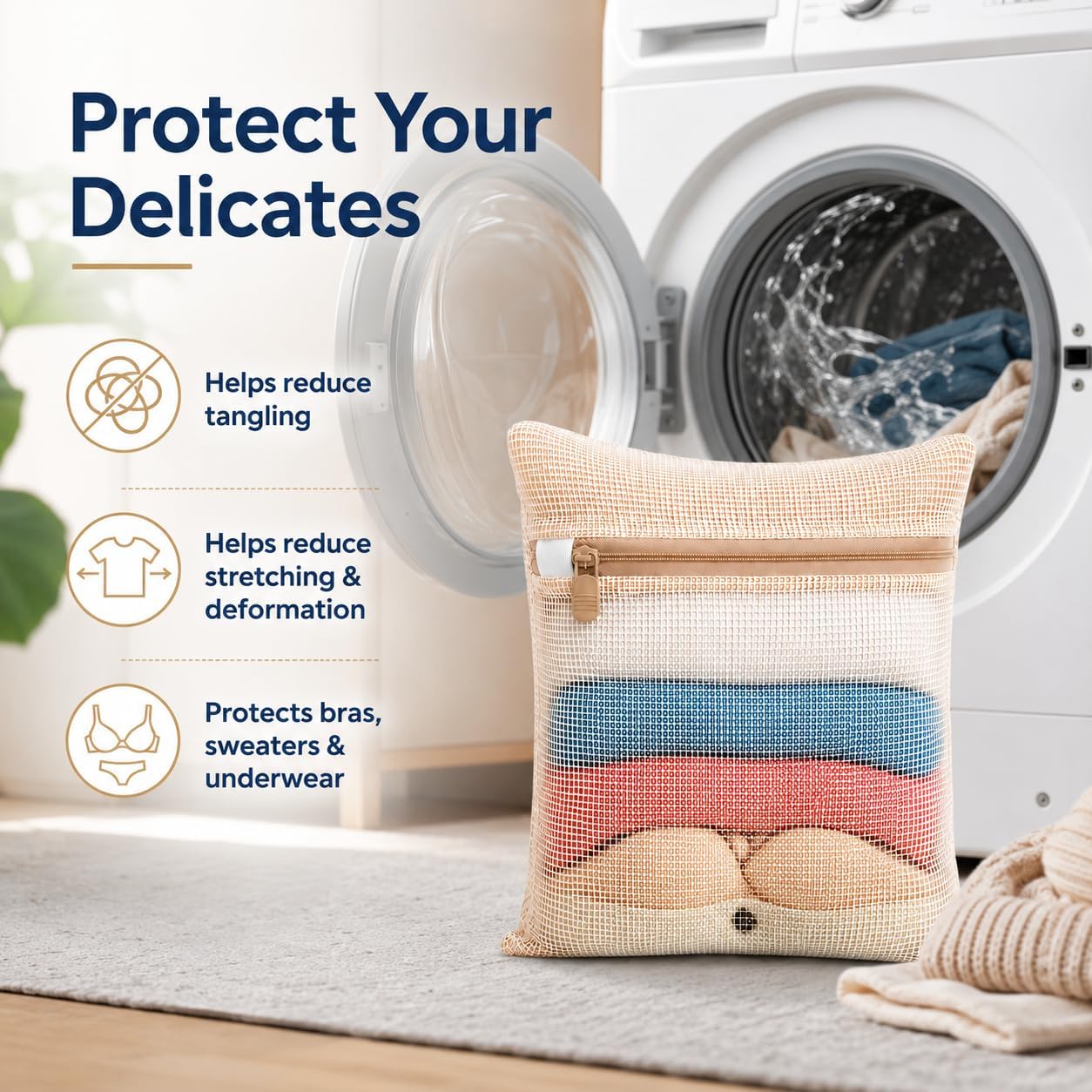 3-piece set extra-large 20×23.6 inch durable organic cotton mesh laundry bags, with sturdy zippers and breathable mesh, perfect for delicate items like underwear, clothes, pants, and socks.