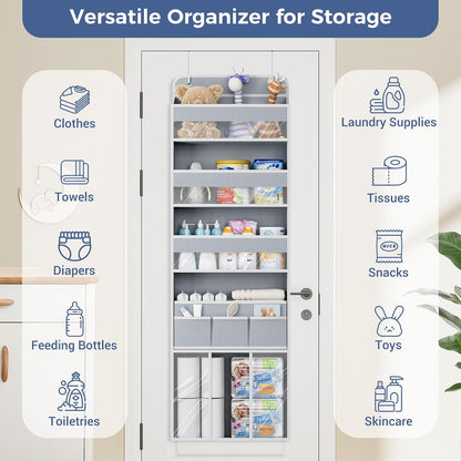 COOLBEBE 2-Pack over the Door Organizer, 5-Tier Hanging Storage with Clear Windows & Mesh Side Pockets, Heavy-Duty Nursery Closet Organizer for Baby Essentials, Bathroom, Bedroom, Grey