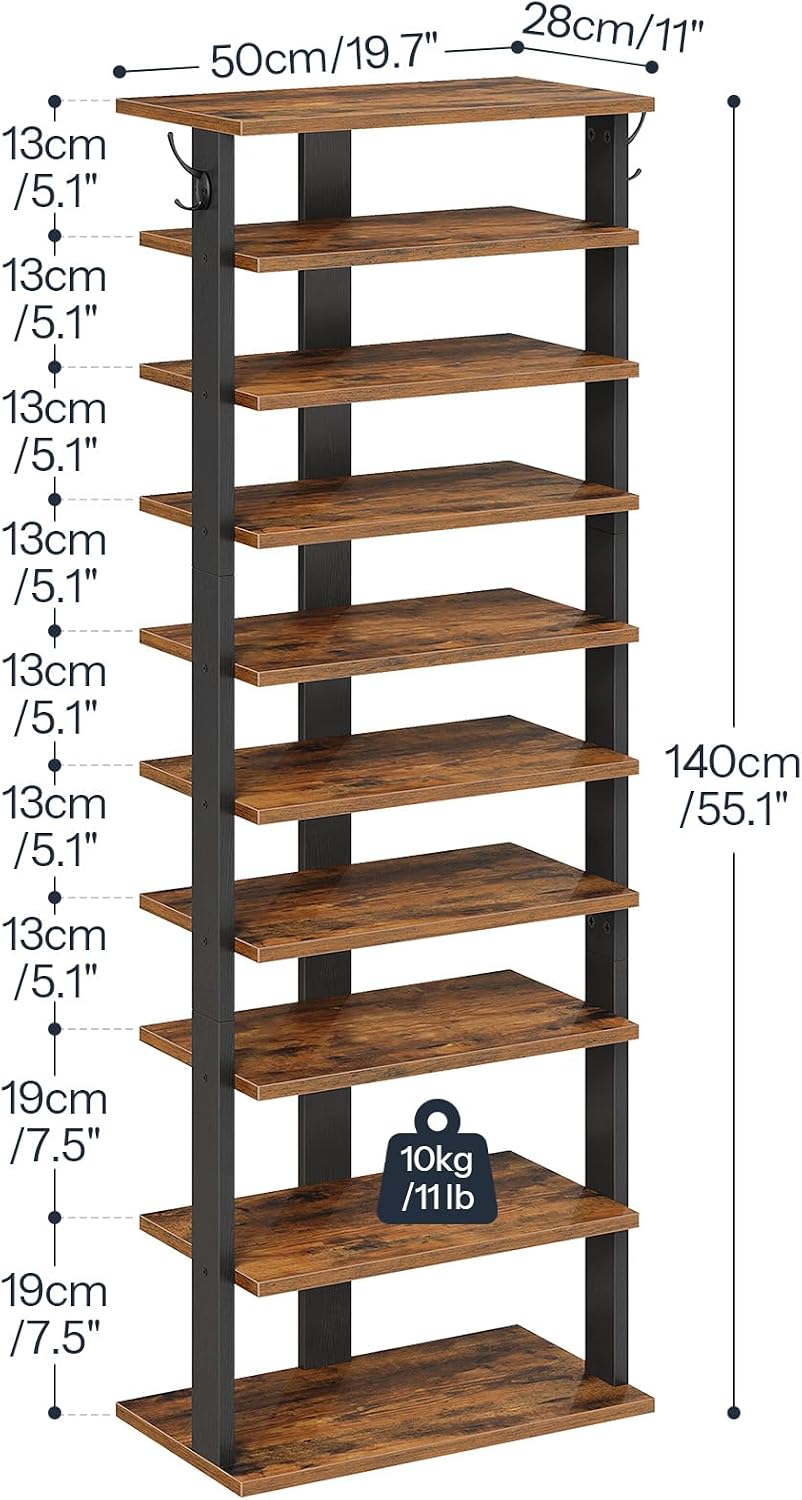 HOOBRO 8 Tiers Vertical Shoe Rack, Wooden Shoe Storage Organizer with Hooks, Narrow Shoe Tower for 8 Pairs, Space Saving, for Entryway, Living Room, Bedroom, Rustic Brown BF07XJ01G1