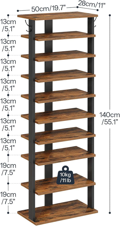 HOOBRO 8 Tiers Vertical Shoe Rack, Wooden Shoe Storage Organizer with Hooks, Narrow Shoe Tower for 8 Pairs, Space Saving, for Entryway, Living Room, Bedroom, Rustic Brown BF07XJ01G1