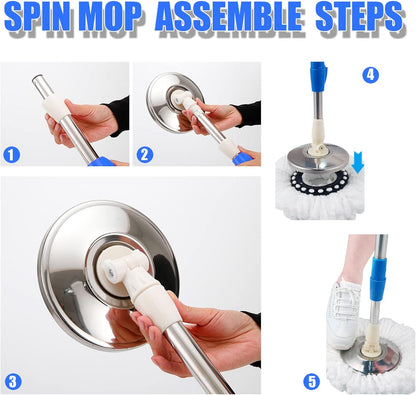 Spin Mop and Bucket with Wringer Set, 360° Spinning Mop Bucket System with 3 Microfiber Mop Replacement Heads and 61" Stainless Steel Adjustable Handle for Floor Cleaning