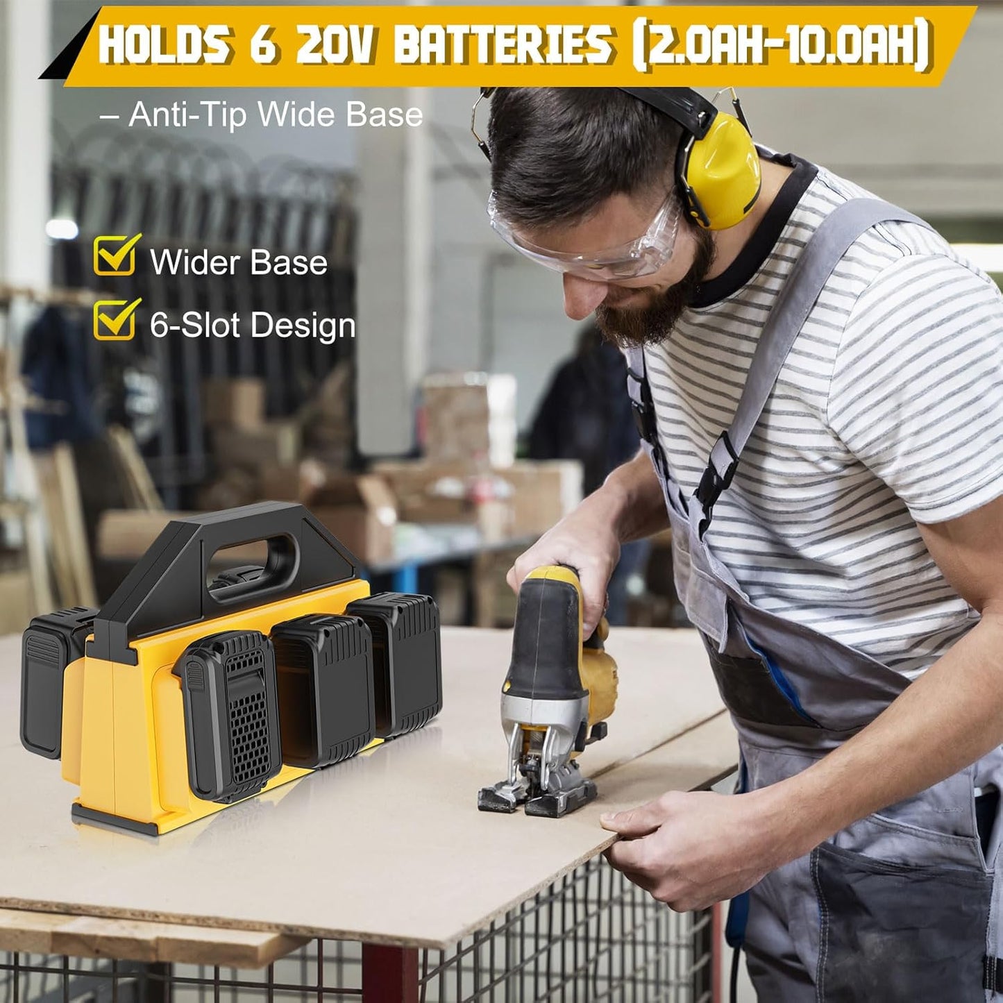 Dinftin 6-Slot Battery Caddy Holder/Carrying Case Compatible for Makita 18V Batteries - Heavy Duty ABS Organizer for 1.5Ah-12.0Ah Batteries with Handle, Non-Slip Base（Battery Not Included）