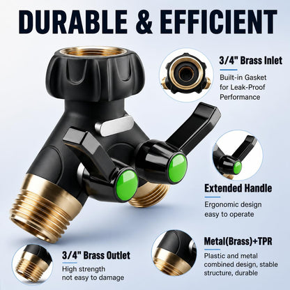 Garden Hose Splitter 2 Way Heavy Duty with Shut Off Valves,3/4" GHT | Large Ball Valve Design Helps Reduce Water Pressure Loss During Dual Outlet Use, TPR-Coated Grip Surface
