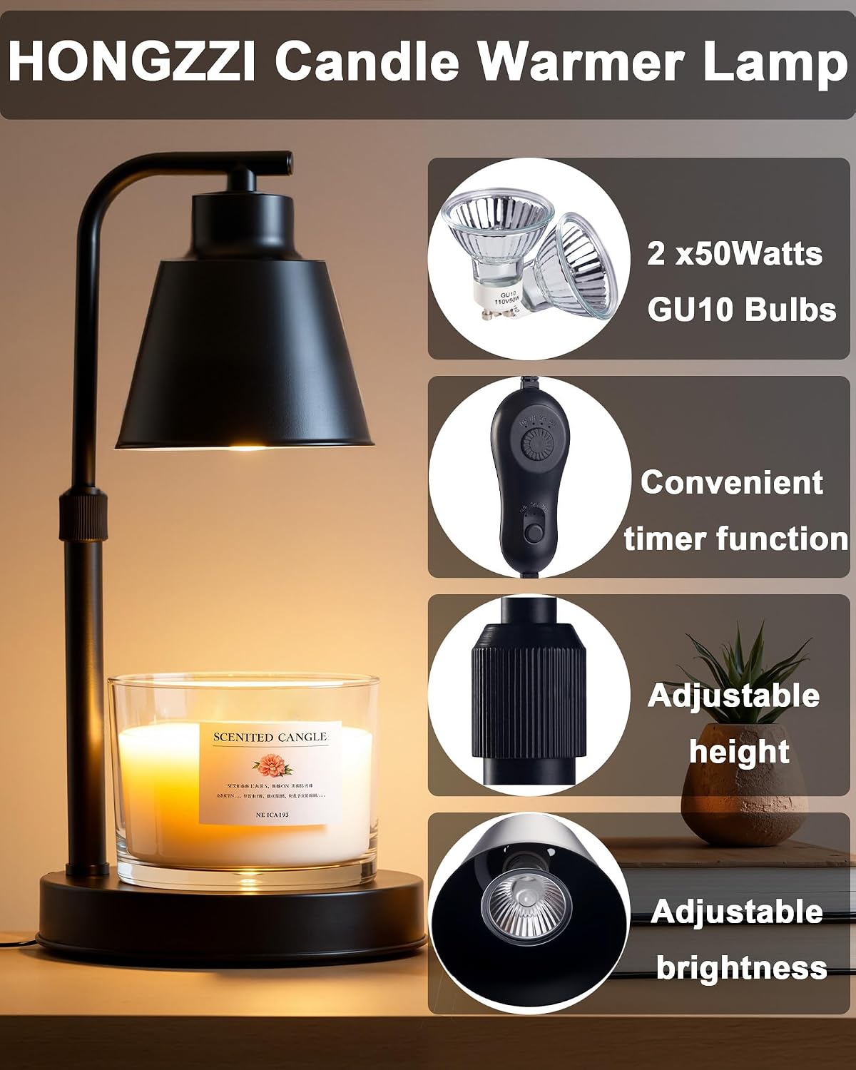 Candle Warmer Lamp with Timer - Adjustable Height & Brightness, 2 Bulbs Included - Flameless Wax Melter for Home
