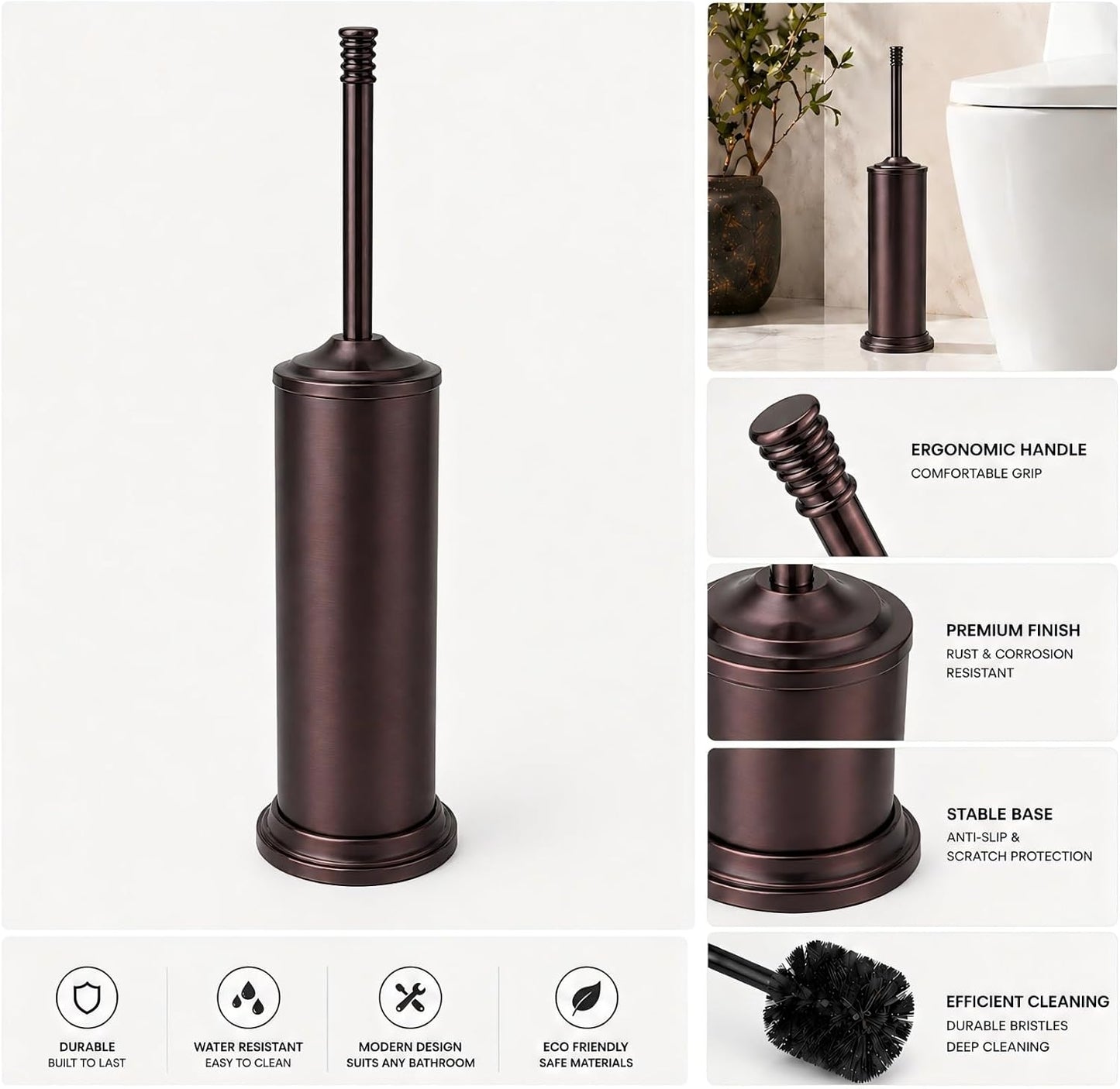 Nickel Toilet Brush and Holder Set，Extra Long Handled Toilet Bowl Brush and Holder，Stainless Steel Heavy Duty Toilet Brush for Bathroom,Deep Cleaning Modern Toilet Cleaner Slip Base