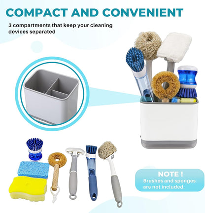 KeFanta Sink Caddy for Countertop, Sponge Holder for Kitchen Sink, Dish Sponge and Brush Holder, Plastic Dish Scrubber Organizer with Drain Pan, Black