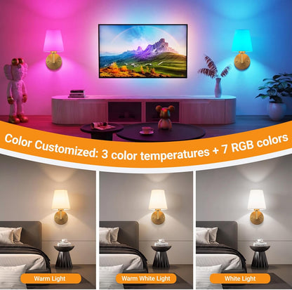 Nekhung Battery Operated Wall Sconces Set of Two, Wireless Battery Wall Light with 10000mAh RGB Dimmable Magnetic Bulb and Remote, Rechargeable Sconce Wall Decor for Bedroom Living Room Hallway