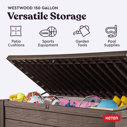 Keter 150 Gallon Resin Large Deck Box Organization and Storage Box for Patio, Outdoor Cushions, Garden Tools, Brown | Hydraulic Pistons, Resin, Weatherproof