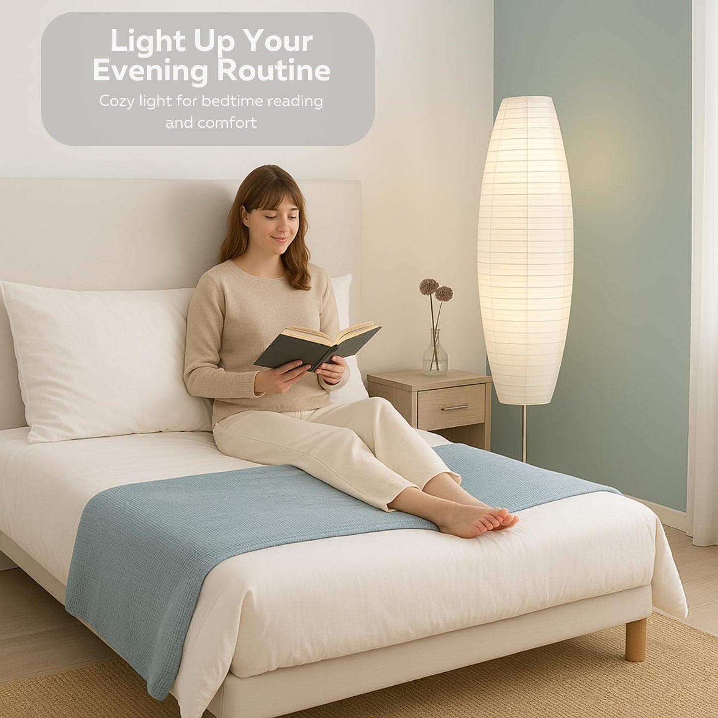 LIGHTACCENTS 50” Rice Paper Standing Lamp – Modern Japanese Floor Lamp with Chrome Base, White Shade, Foot Pedal Switch – Floor Lamps for Living Room, Bedroom, or Meditation Space