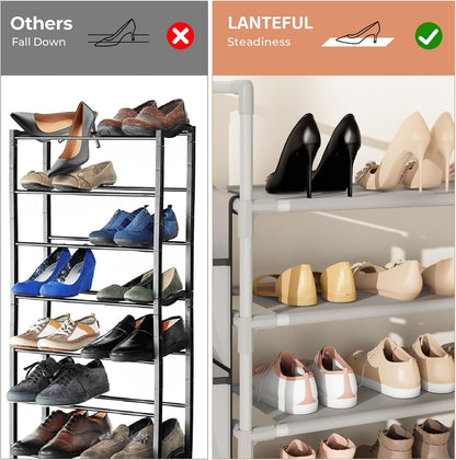LANTEFUL 6 Tier Shoe Rack Storage for 24-30 Pairs Shoe and Boot, Shoe Organizer with Hook and Side Pocket Free Standing Long Shoe Shelf Tall Shoe Rack Organizer for Closet, Entryway, Dorm, White