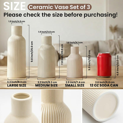 White Ceramic Flower Vases Set of 3, Modern Matte Vertical Ribbed, Nordic Minimalist Decor for Pampas, Dried & Fresh Flowers, Centerpiece for Living Room, Shelf, Entryway, Wedding,Office