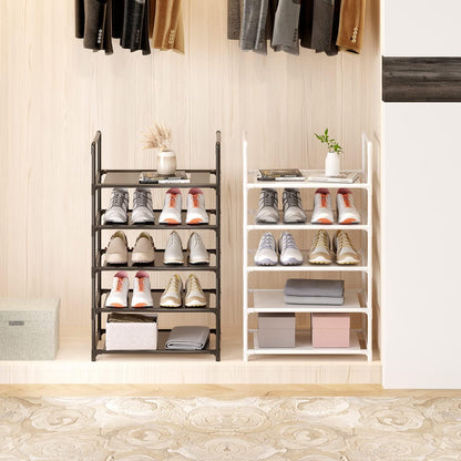 Small Shoe Rack 6-8 Pairs Sturdy Shoe Shelf 4-Tiers Narrow Stackable Shoe Organizer,Lightweight Kids Shoe Racks for Entryway, Doorway and Closet（Black）