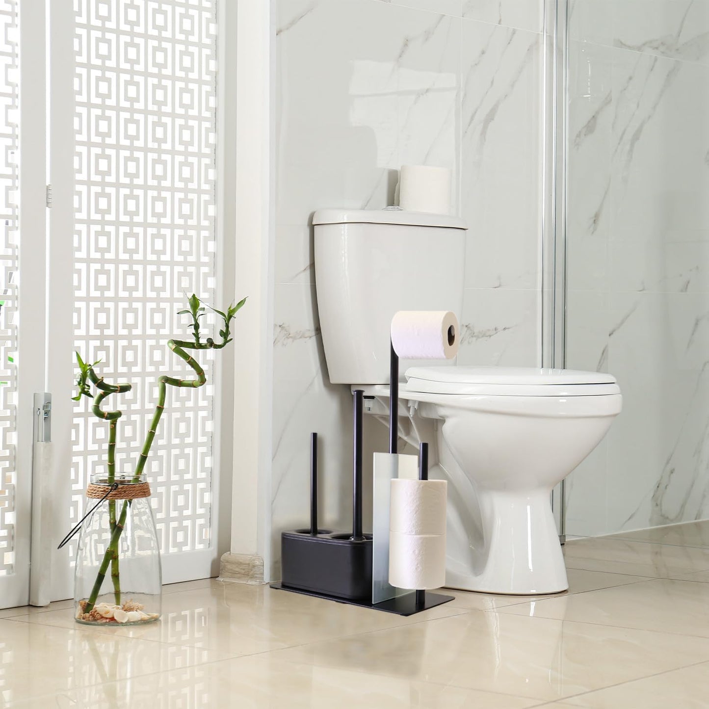 Blue Donuts Modern Bath Set for Bathroom Organization, All in One Toilet Brush, Toilet Plunger, Toilet Paper Holder Stand and Toilet Tissue Paper Storage All in One Combo.