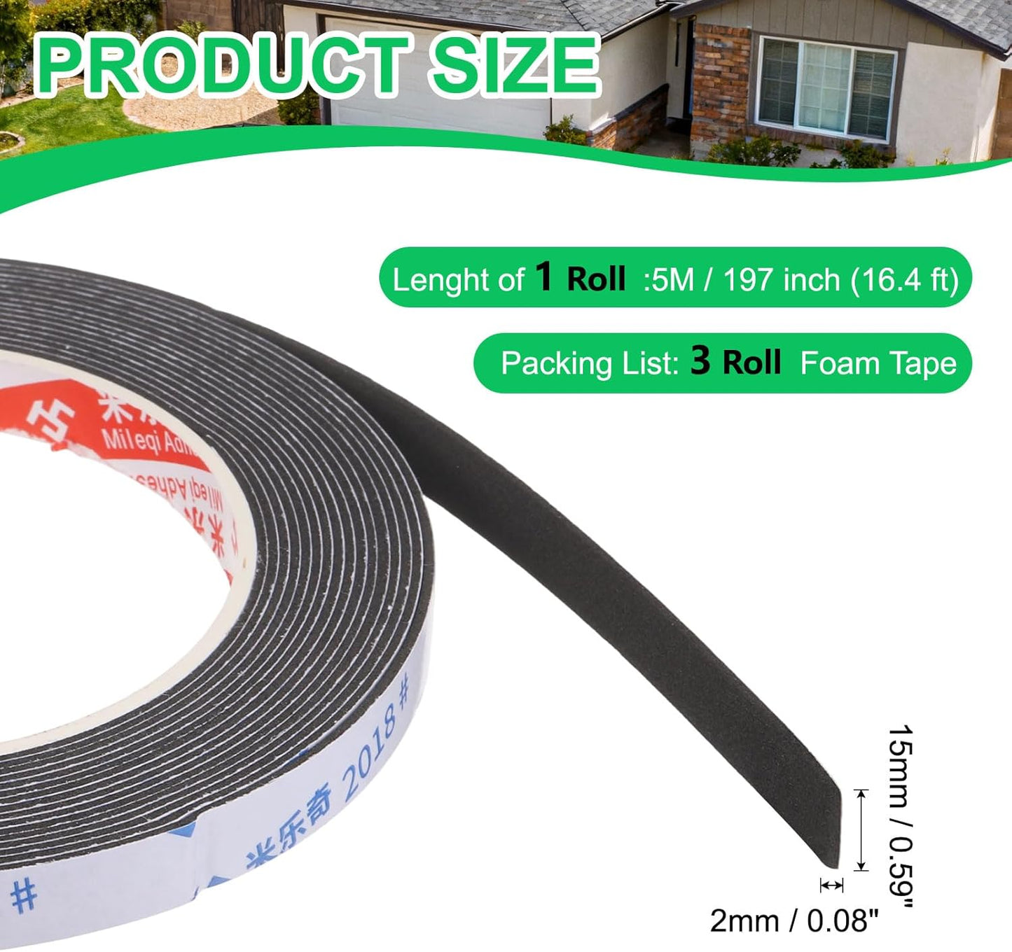 PATIKIL Sponge Rubber Foam Tape, 5/8" W x 1/8" t x 16.4ft l Self-Adhesive Foam Insulation Tape Weather Stripping for Window Door Soundproofing Weatherstrip AC Seal Strip, Black