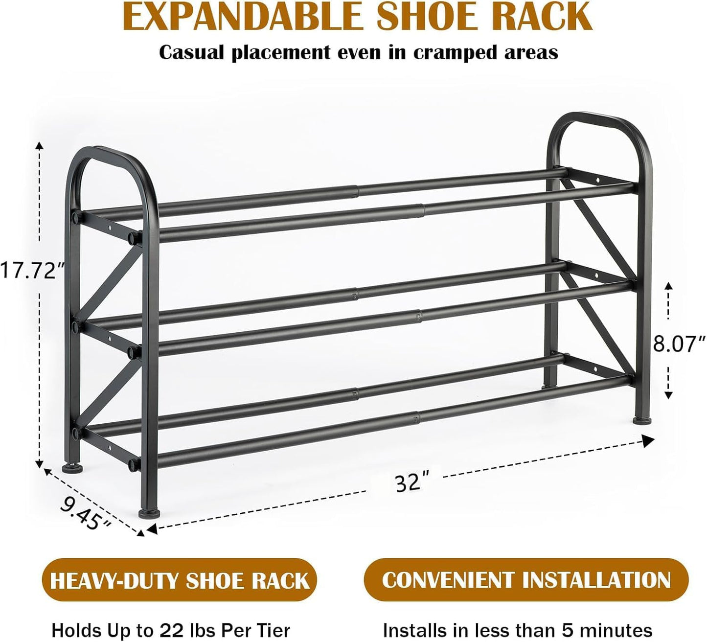 4-Tier Expandable Shoe Rack, Stackable and Adjustable Shoes Organizer Storage Shelf, Sturdy and Durable Metal Structure Free Standing Shoe Rack for Closet Entryway Doorway