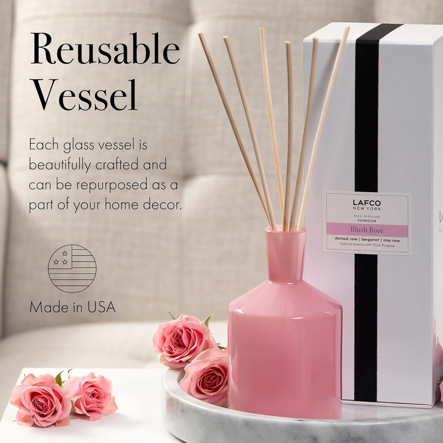 LAFCO New York Classic Reed Diffuser, Sea & Dune - 6 oz - Up to 3 Months Fragrance Life - Reusable Glass Vessel - Natural Wood Reeds - Made in The USA