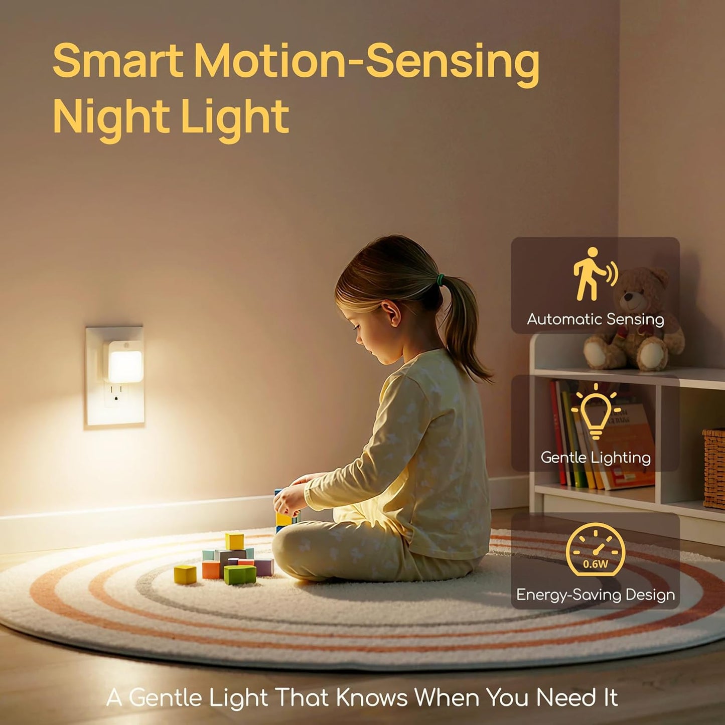 Plug-in Night Light with Motion Sensor, Dusk-to-Dawn Light Sensor, Stepless Dimming LED Night Lights for Bedroom, Hallway, Bathroom, Kids Room, Energy Efficient, 4-Pack