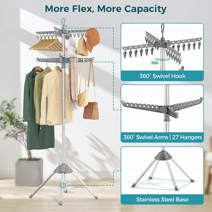 KINGBOARD Clothes Drying Rack, 2-Tier Foldable Drying Rack Clothing, 72-Inch Laundry Drying Rack with 3 Rotatable Arms and 24 Clips, Free Standing Drying Rack, Grey and Silver