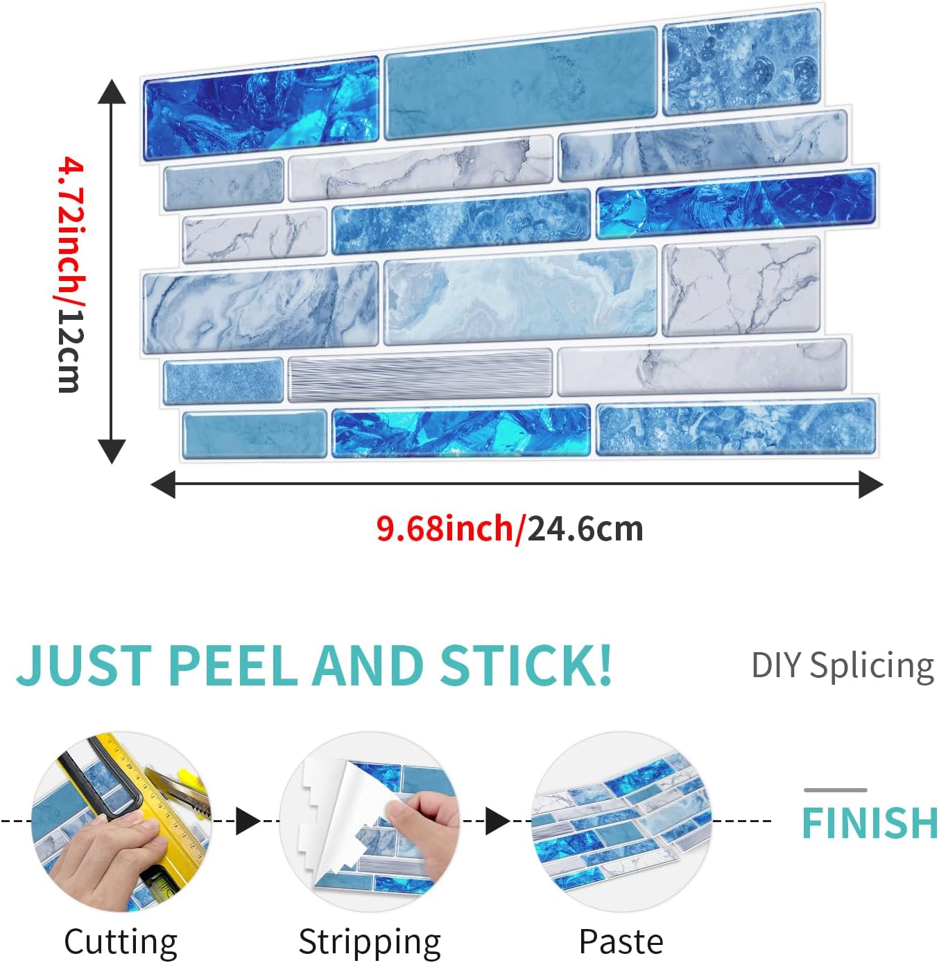 36 Sheets of Self Adhesive Marble Tile Wall Tiles Vinyl Sticker | 9.68 x 4.72in Water Resistant, Easy to Stick and Peel off, Suitable for DIY Decoration on Ceilings and Walls (Black)