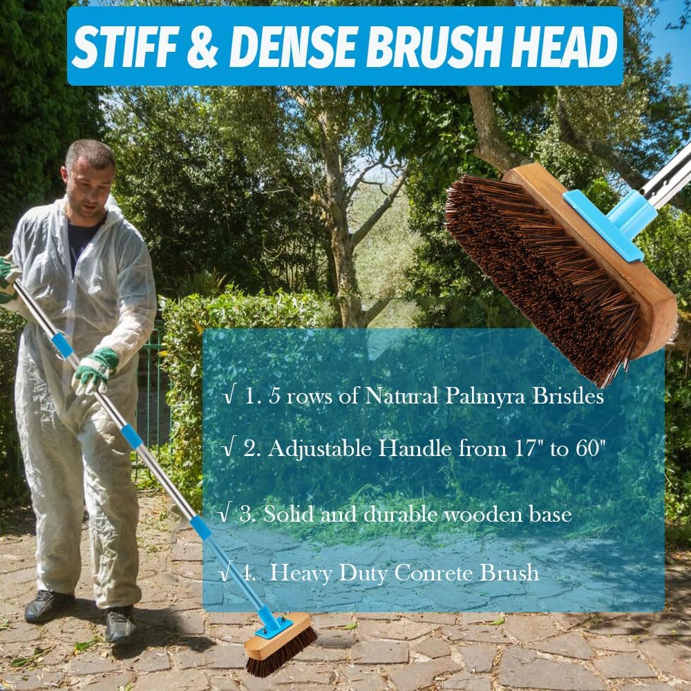 YONILL Heavy Duty Deck Brush with Long Handle - 60" Floor Scrub Brush with Stiff Natural Palmyra Bristles, Outdoor Scrubber Brushes for Cleaning Rough Surface, Concrete Floor, Patio, Garden, Sidewalk