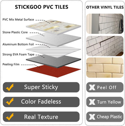 STICKGOO 20 Sheets Peel and Stick Backsplash Tile, Stick on Backsplash for Kitchen and Bathroom, White Sandstone Look PVC Mixed Metal Gold Self Adhesive Wall Tiles