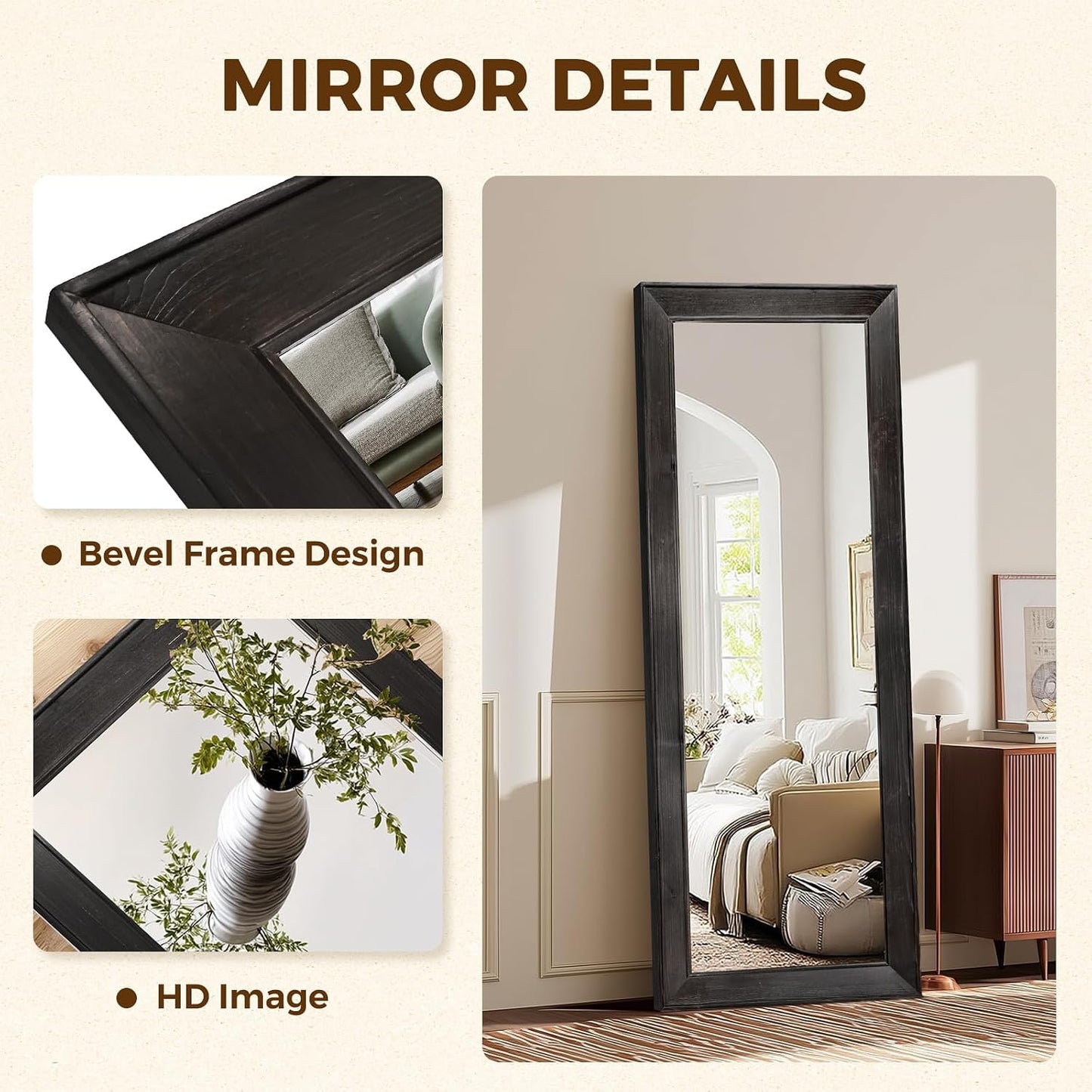 Solid Wood Full Length Mirror - 65"x22" Arched Floor Mirror, Free Standing & Wall Mounted - Elegant Design for Bedroom, Dressing Room, Hallway, Brown