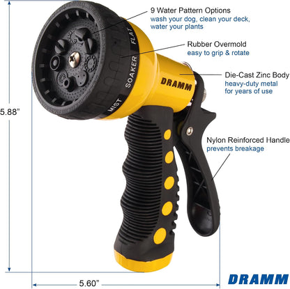 Dramm Revolver Heavy Duty Metal Garden Hose Nozzle – 9 Spray Patterns, High Pressure Jet, Thumb-Control Flow, Ergonomic Grip – Green