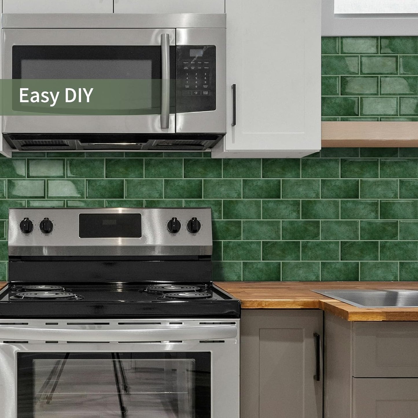 10-Sheet Thick Peel and Stick Kitchen Backsplash Tiles(Green,12"×12") | 3D Subway Waterproof Self-Adhesive Wall Tile Stick on Backsplash for Kitchen and Bathroom