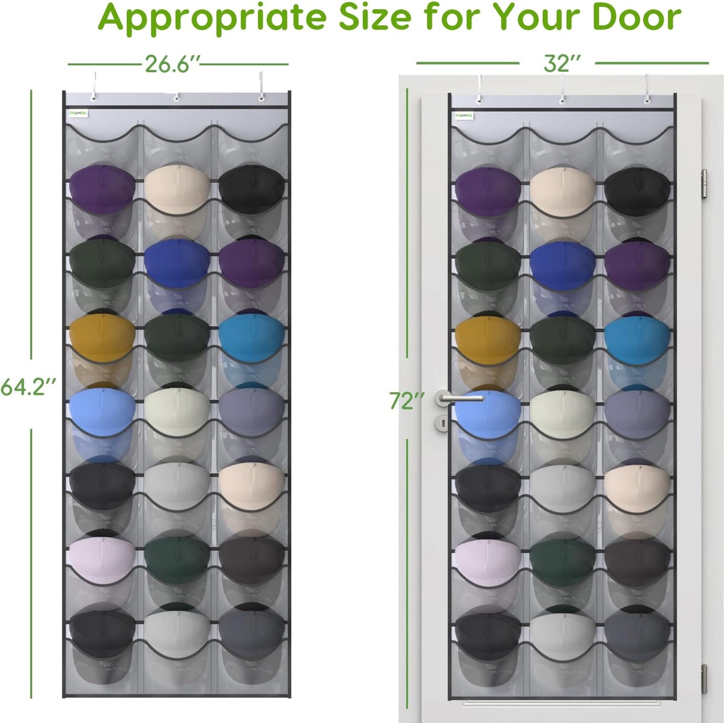 Baseball Hat Rack, 24 Pocket Over-The-Door Hat Organizer with Clear Deep Pockets to Display Baseball Caps Collection, Complete with 3 Over Door Hooks (Black, 24 Pockets)