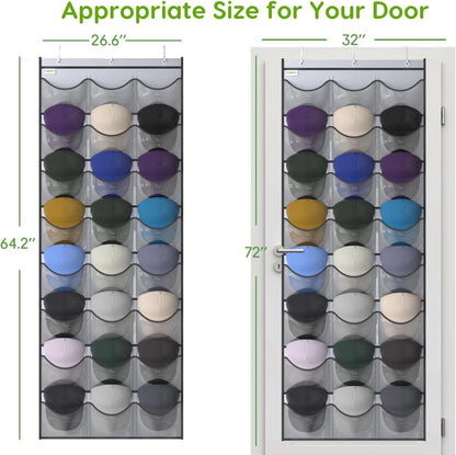Baseball Hat Rack, 24 Pocket Over-The-Door Hat Organizer with Clear Deep Pockets to Display Baseball Caps Collection, Complete with 3 Over Door Hooks (Black, 24 Pockets)