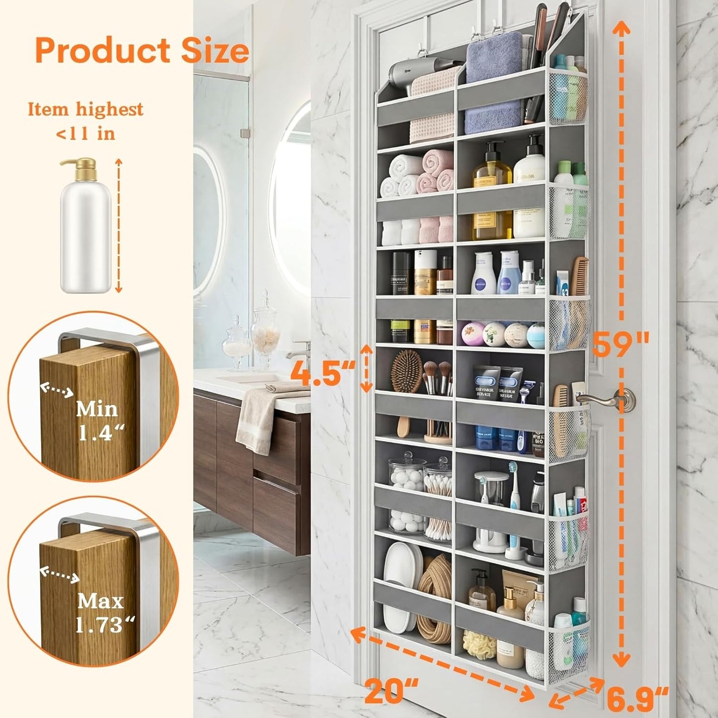 Over The Door Organizer, 5-Tier Extra Large Behind Door Storage with 10 Big Front & 10 Mesh Pockets, 80lb Capacity, Hanging Storage Organizer with Clear Window Kids Toys, Shoes, Diapers, Light Grey