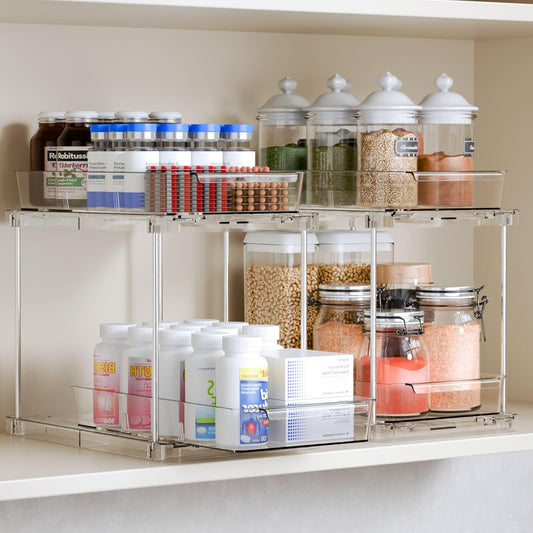 Yieach 4 Pack Under Sink Organizers and Storage,Clear Acrylic Bathroom Organizer and Cabinet Organization for Makeup,Medicine,Two Tier Pull Out Cabinet Organizer Drawers for Pantry,Vanity Storage Bins