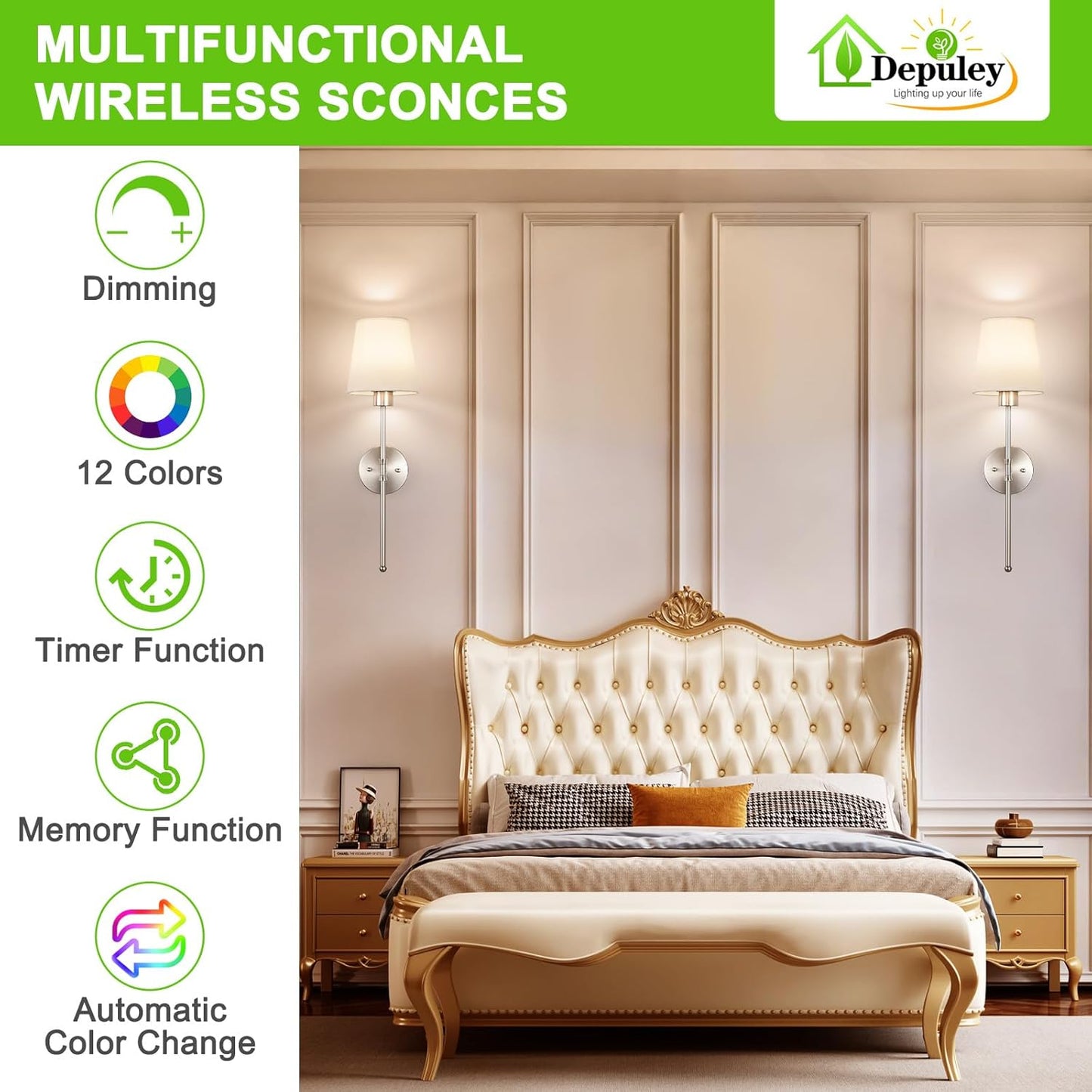 Depuley Battery Operated Wall Sconce: Set of 2 Wireless Wall Lights with 10000mAh Dimmable Bulbs and Remote for Bedroom - Rechargeable 15 Colors Gold Wall Lamp for Living Room Hallway