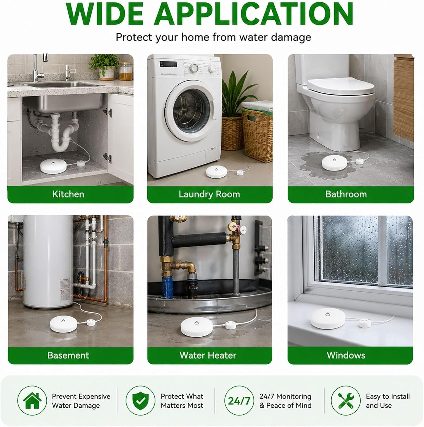 WiFi Water Leak Detector with Flexible Probes for Home, Hub & 3 Water Sensors, App Alerts, Loud Hub Alarm, 330FT Range, Alarm for Basement, Water Heater, Washing Machine & Under Sink