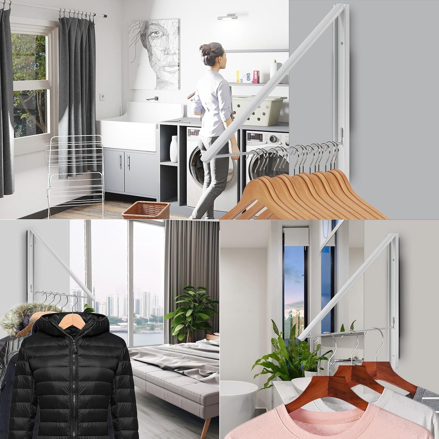 Retractable Clothes Drying Rack Wall Mounted, White | Foldable, Space-Saving, For Laundry Room/Bathroom/RV, Stainless Steel/Aluminum