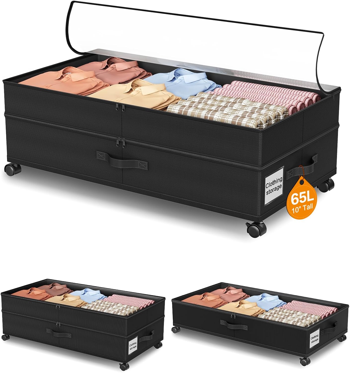 Under Bed Storage with Wheels,1Pack Underbed Shoe Storage Organizer,7.5-10.6 inchTall Adjustable Storage for Underbed with Lids,65L Extra large capacity for Clothes, Blankets,Shoes