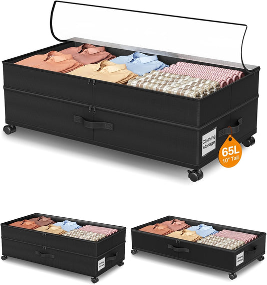 Under Bed Storage with Wheels,1Pack Underbed Shoe Storage Organizer,7.5-10.6 inchTall Adjustable Storage for Underbed with Lids,65L Extra large capacity for Clothes, Blankets,Shoes