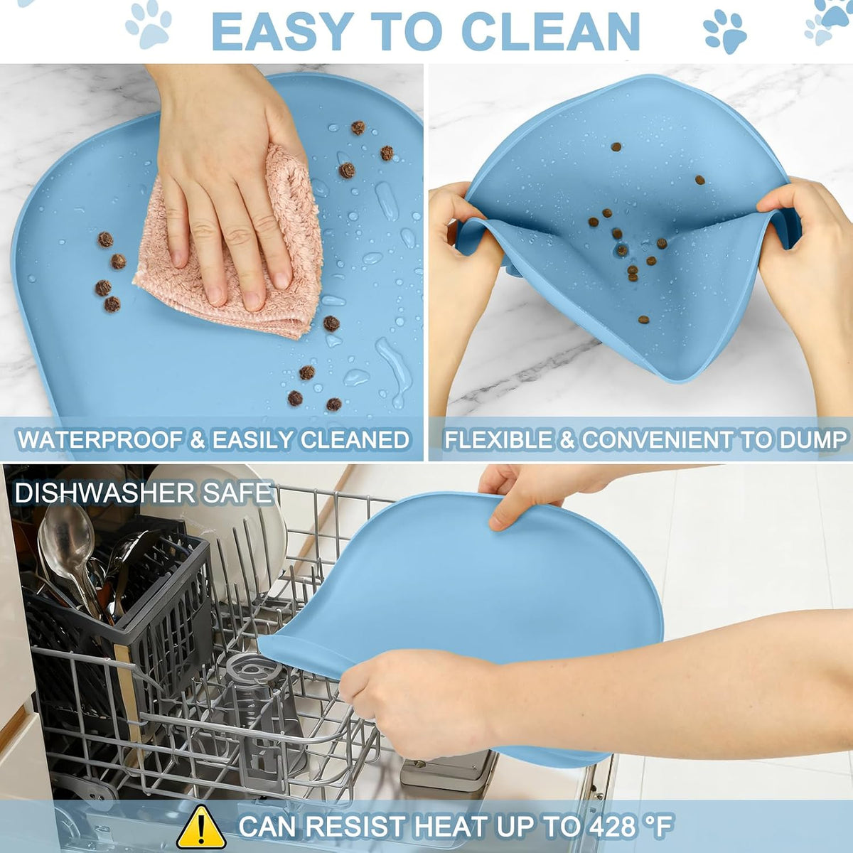 SMILOOL Silicone Pet Food Mat with Raised Edge for Food and Water Bowl, Dog Feeding Mats, Cat Food Trays for Floor Waterproof, Rubber Tray for Dogs and Cats, 19 x 12 x 0.7 Black