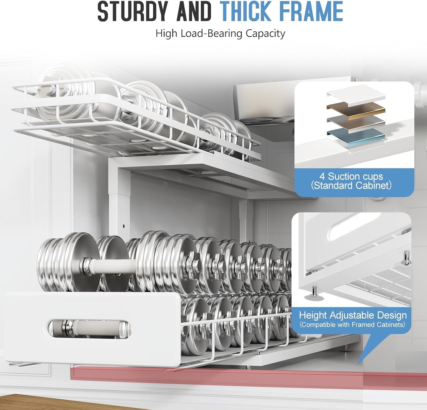 Under Sink Organizer Upgrade To Professional Rails,2-Tier Dual Pull Out Cabinet Storage,Height Adjustable Slide Out Drawers For Bathroom Kitchen,2 Pack-14.5" Dx12.8-16.9" H,White