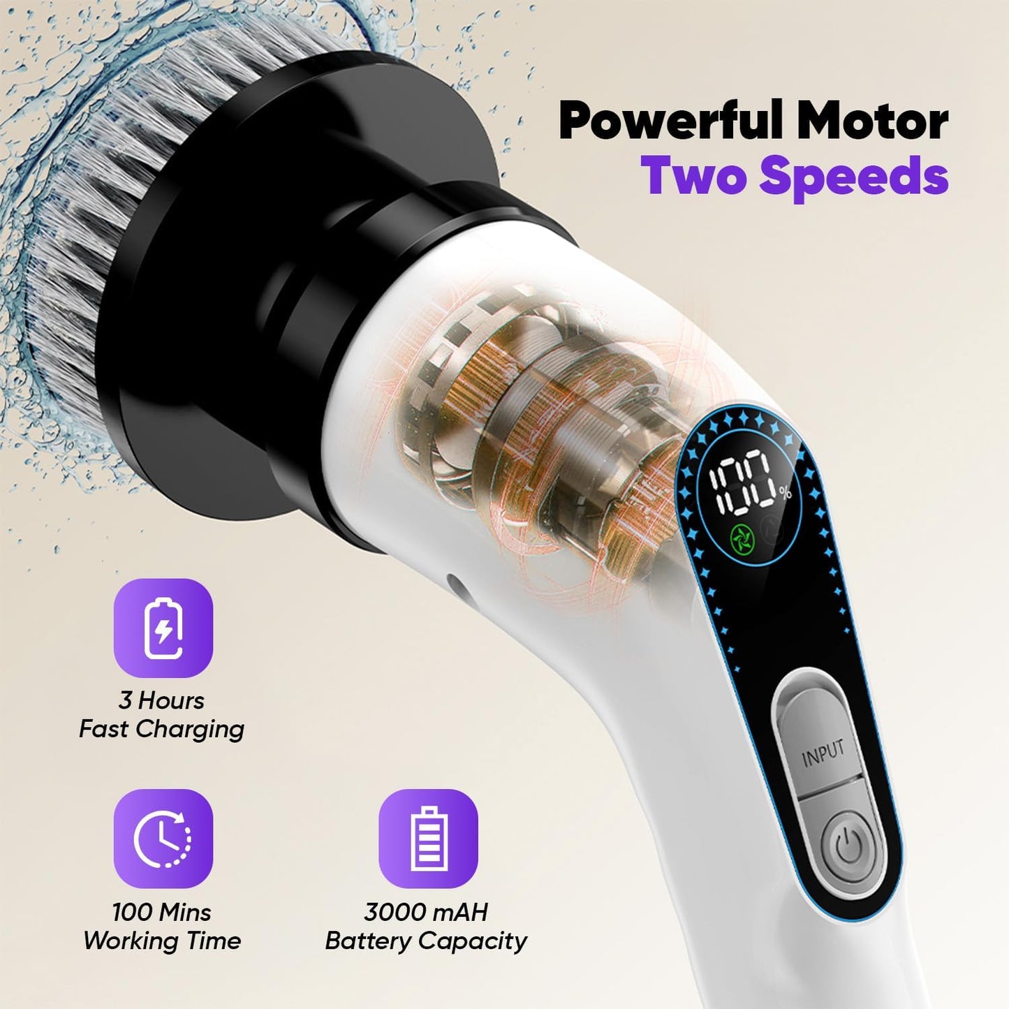 Electric Spin Scrubber Cordless – Powerful Bathroom Cleaning Brush with Long Handle, 2 Speeds, 3000mAh Rechargeable, 7 Brush Heads, Wall Hanger & Crevice Tools – Shower, Tub & Tile Cleaner