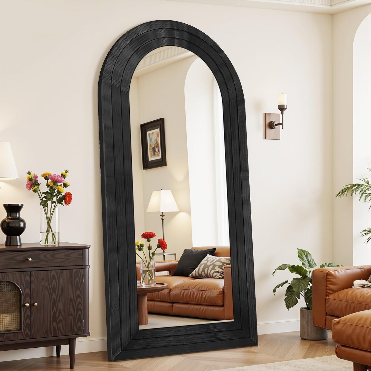 Antok Full Length Mirror with Solid Wood Frame, 71"×32" Wall Mounted Oversized Floor Mirror with Stand, Leaning Standing Hanging for Bedroom Living Room Entryway, Walnut, Arched Syle