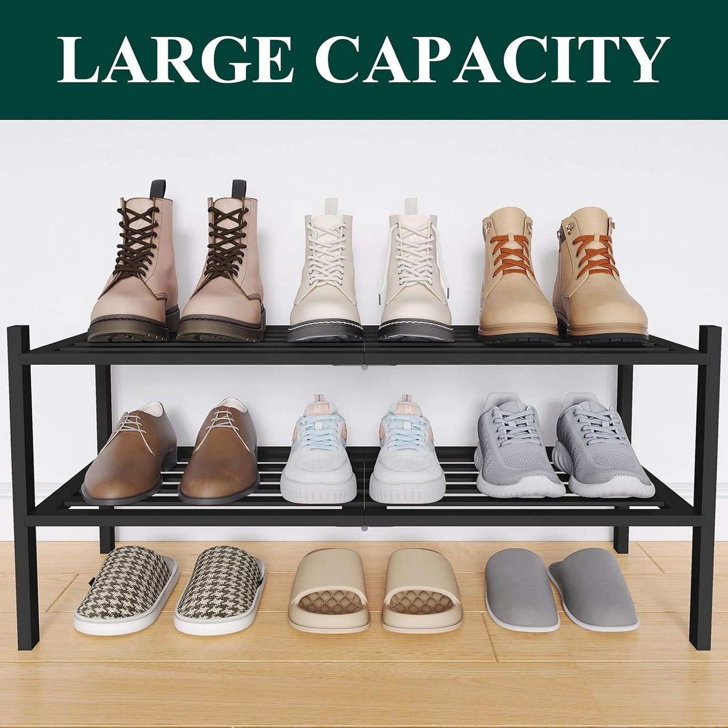 Smiry Bamboo Shoe Rack, 3 Tier Free Standing Wooden Shoe Organizer, Stackable Wood Shoe Storage Shelf for Closet, Entryway, 5 Horizontal Slats, 26.8"x11"x18.3", Natural