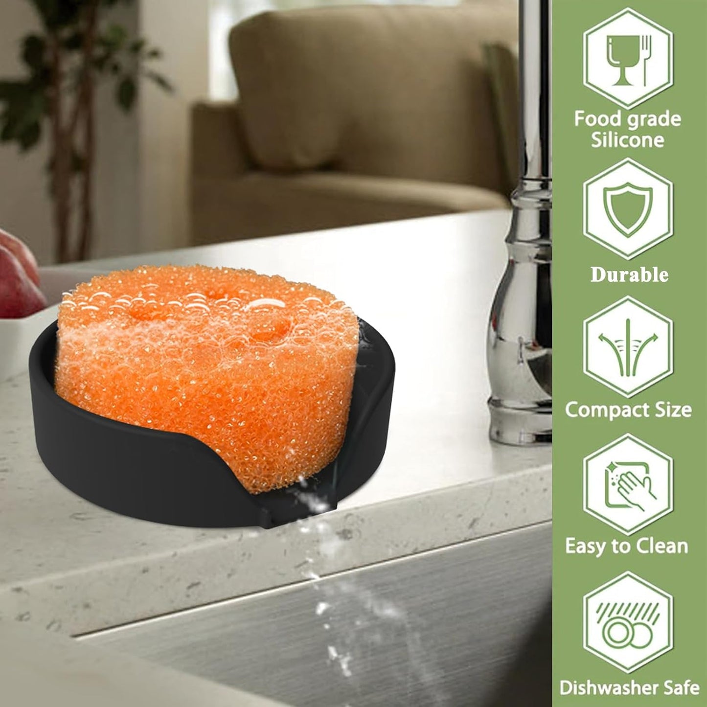 Sponge Holder for Scrub Daddy with Suction Cups and Drain Spout Kitchen Sink Caddy Organizer, Soap Dishes Holder Accessories Rack, Dishwasher Safe - 4.7"x4.7", Green