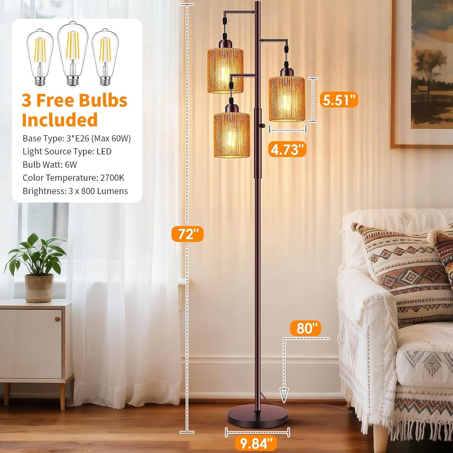 Hotsonic 72" Tall Boho Rattan Style Floor Lamp with Hand-Woven Paper Cord Shade, Dimmable Industrial Tree Standing Lamp for Living Room, Bedroom, Study Room, Office (3 x 800LM Bulbs Included) - Black