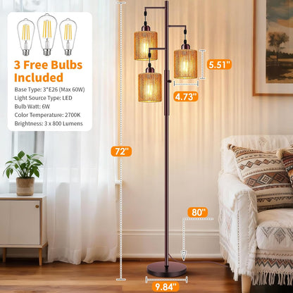 Hotsonic 72" Tall Boho Rattan Style Floor Lamp with Hand-Woven Paper Cord Shade, Dimmable Industrial Tree Standing Lamp for Living Room, Bedroom, Study Room, Office (3 x 800LM Bulbs Included) - Black