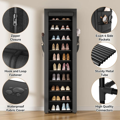 ROJASOP 10 Tier Shoe Rack with Covers,Large Capacity Stackable Tall Shoe Shelf Storage to 50-55 Pairs Shoes and Boots Sturdy Metal Free Standing Shoe Rack Organizer for Closet Entryway Garage
