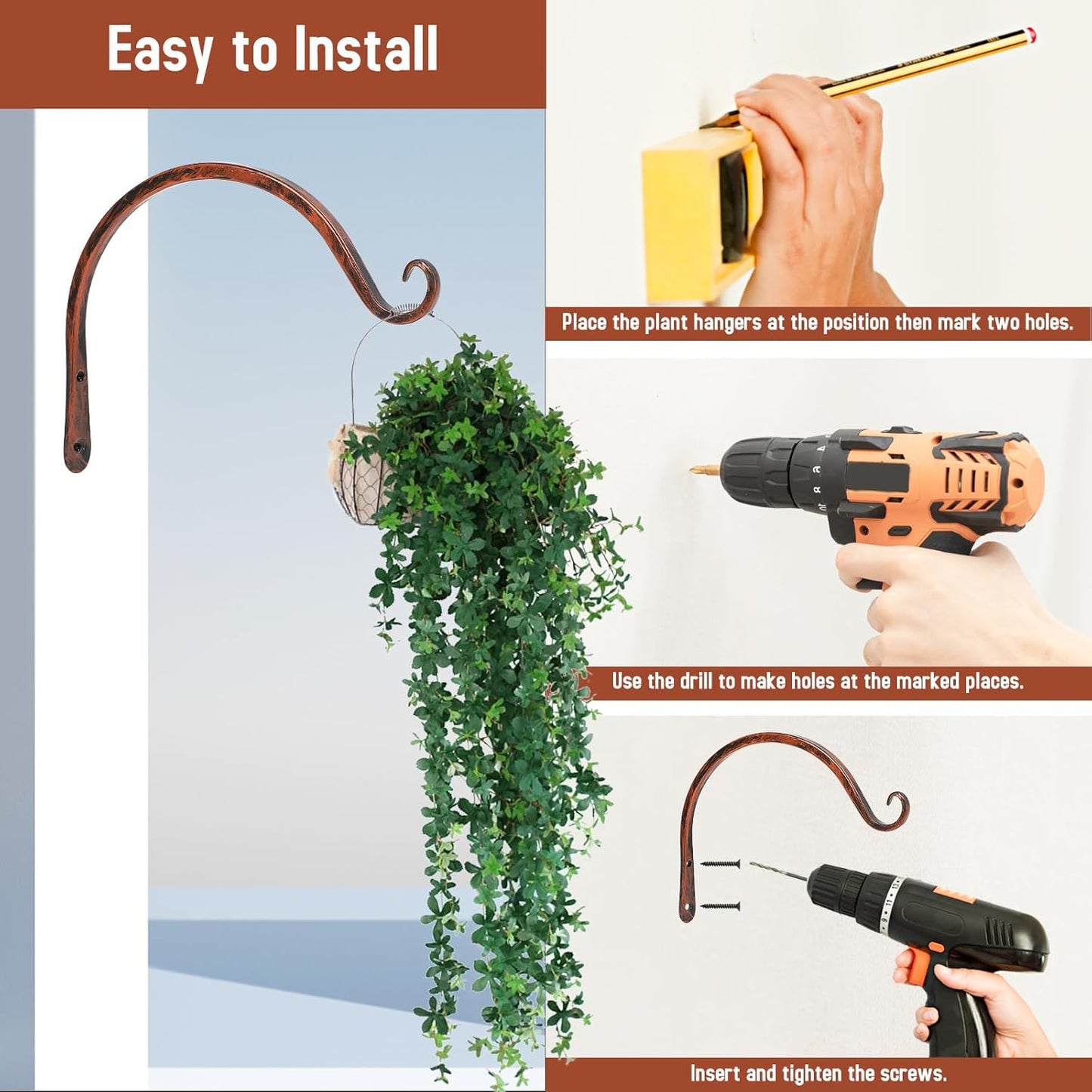 FEED GARDEN Heavy Duty Plant Hangers Outdoor Indoor, 8 Inch 2 Pack Metal Hanging Bracket Holds Up to 44 lbs, Wall Brackets for Hanging Baskets, Bird Feeders,Wind Chime& Lanterns, Black