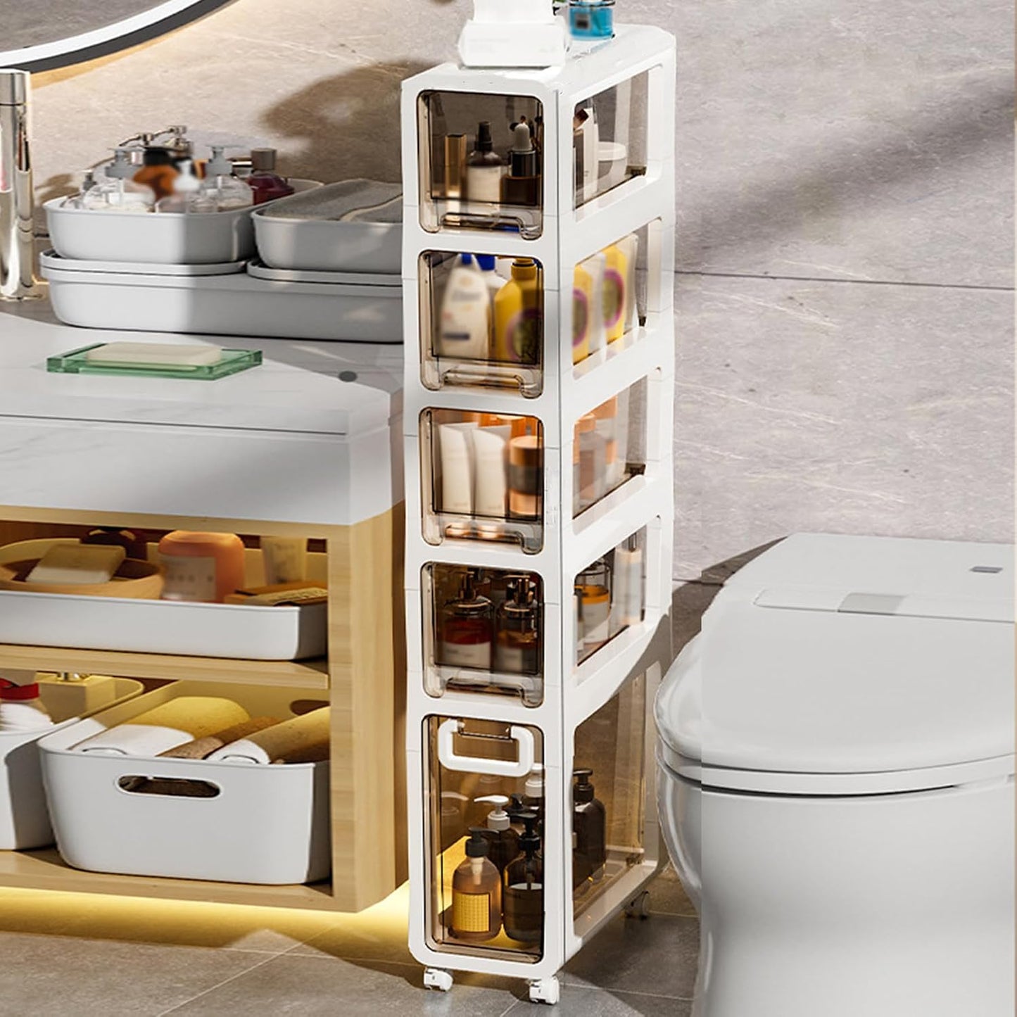 5-Tier Slim Bathroom Storage Cabinet,Narrow Floor Cabinets with Drawers and Wheels,Rolling Narrow Organizer for Small Spaces,Kitchen,Laundry,7.9”W