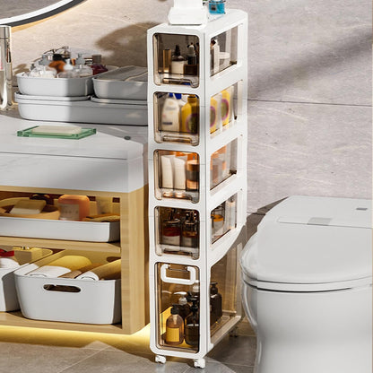 5-Tier Slim Bathroom Storage Cabinet,Narrow Floor Cabinets with Drawers and Wheels,Rolling Narrow Organizer for Small Spaces,Kitchen,Laundry,7.9”W